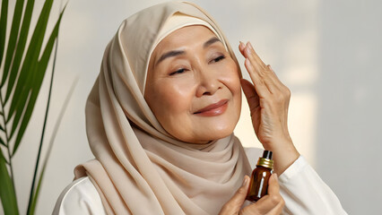 Inclusive Senior Skincare A serene older woman applies skincare while smiling, embodying beauty and self-care.