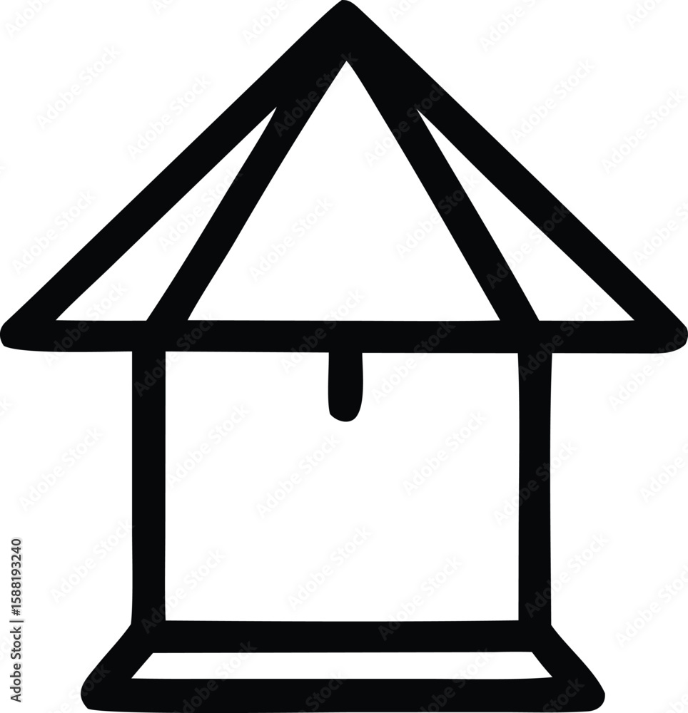 Poster a simple black line drawing of a well with a pointed roof and a bucket hanging inside presented on a