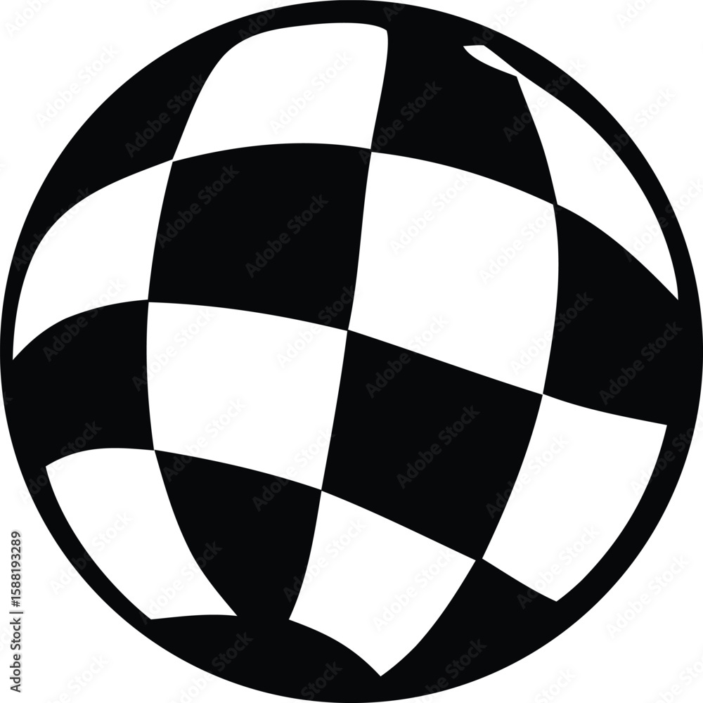 Poster abstract black and white sphere with checkerboard pattern and warped grid lines creating a dynamic v