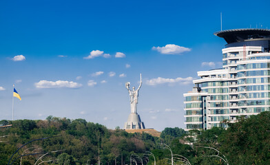 Ukrainian city wide panorama Motherland statue landmark famous place building architecture modern...