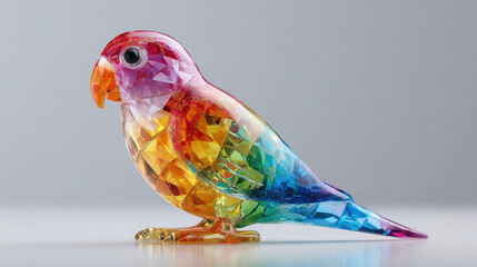 A colorful crystal bird figurine with rainbow hues on a white surface against a gray background