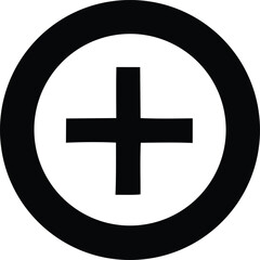 A bold black plus symbol centered within a thick black circle against a pure white background