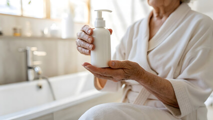 Inclusive Senior Skincare A person in a bathrobe holds a bottle of lotion, suggesting relaxation and self-care in a serene bathroom setting.
