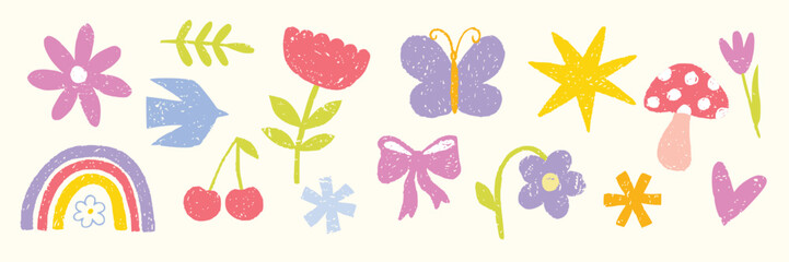 Kid crayon hand drawn elements with cloud, flower, heart, rainbow, cute icon, abstract shape, star and line for sticker, background or playful vector art