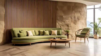 Earthy interior with olive green curved sofa, sand-colored walls, natural stone floor, and wood-slatted wall paneling for soft acoustics .