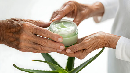 Inclusive Senior Skincare Hands exchanging a skincare product with an aloe vera plant in the background.