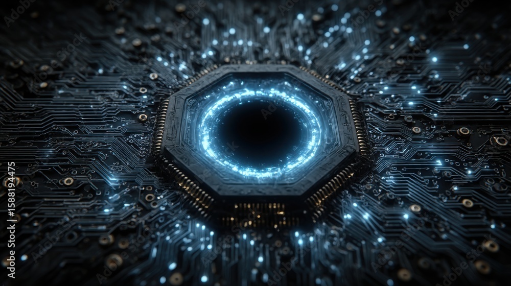 Poster circuit board with blue light energy emanating from a central core in a dark abstract environment
