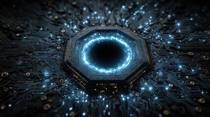 Circuit board with blue light energy emanating from a central core in a dark abstract environment