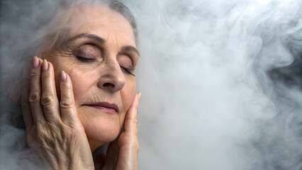 Inclusive Senior Skincare A serene elderly woman embraces tranquility amidst swirling smoke.