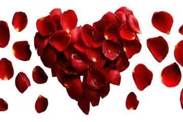 Red rose petals arranged in a heart shape isolated on transparent background
