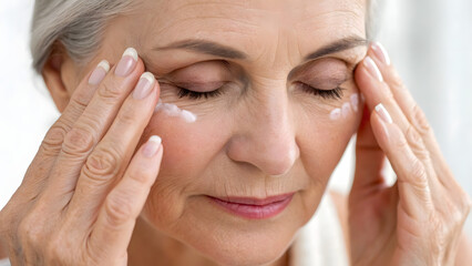Inclusive Senior Skincare A woman applying skincare with a serene expression, focusing on her face and relaxation.