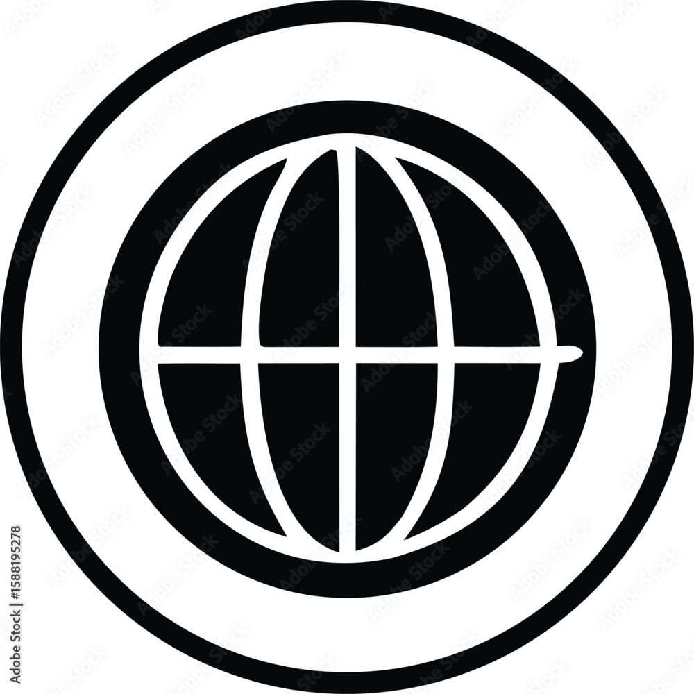 Poster a stylized black and white graphic icon featuring a simplified globe with intersecting meridians and