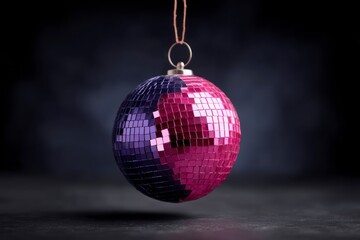 Obraz premium Pink and purple mirrored disco ball suspended against a dark textured background