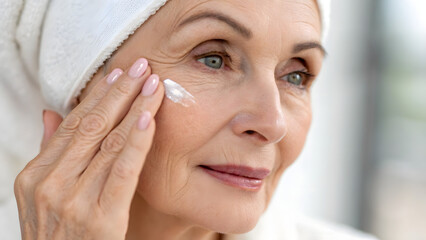 Inclusive Senior Skincare A woman applies cream to her face, showcasing a skincare routine in a bright, serene setting.