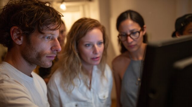 Multicultural team strategizing at dusk, unearthing digital secrets, innovation hub vibes, tones of digital Halloween brainstorming