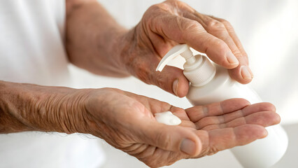 Inclusive Senior Skincare Hands dispensing lotion, showcasing skincare routine and care for aging skin.