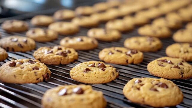 Close-up  of a tray of just baked chocolate chip cookies, ready for cooling and then to be packaged or enjoyed.