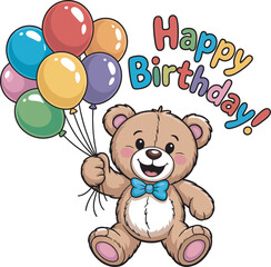 Obraz premium Cute cartoon teddy bear holding colorful balloons and wishing happy birthday