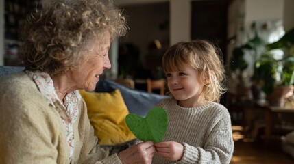 Elderly Caucasian woman and young boy exchange a green paper heart, symbolizing Grandparents Day warmth and Earth Day love