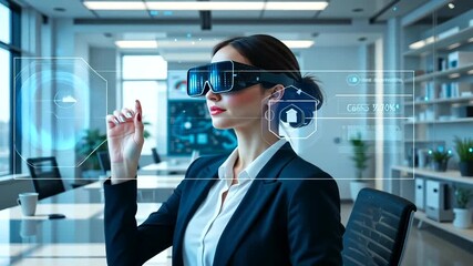 Woman in VR headset business setting interface overlaying - Powered by Adobe