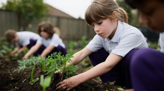 Inquisitive young gardeners, diverse children planting vibrant carrots, celebrating Earth Day and fostering eco-consciousness amidst urban sprawl