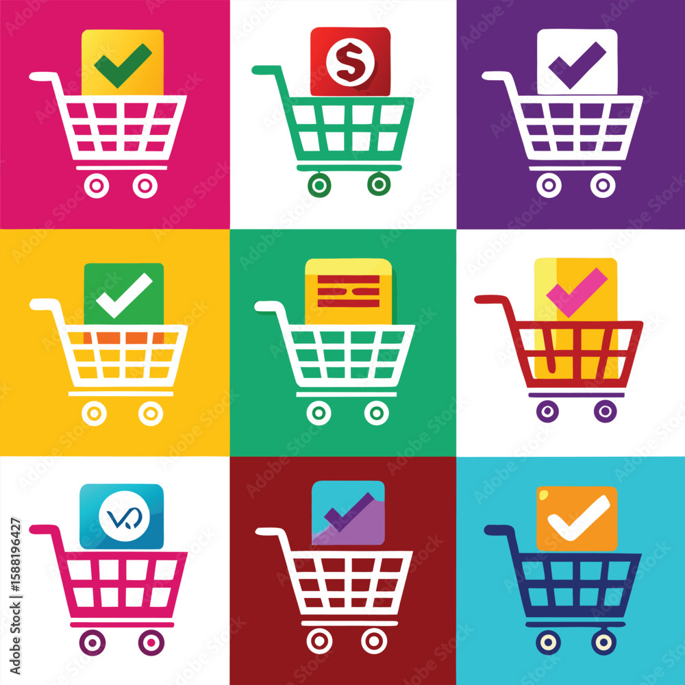 Poster a vibrant grid of shopping cart icons each displaying a different colored box with a checkmark or sy