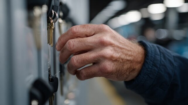 Aged Caucasian male hand reaching for keys amidst shadowy lockers, evoking secretive votive rituals of Old Key Day
