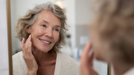 Elegant silver-haired woman admires reflection, celebrating Aging Gracefully Day, embracing wisdom and beauty in twilight's gentle glow