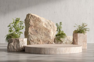 rock stone podium nature pedestal stage product display background 3d illustration empty display showroom presentation product placement