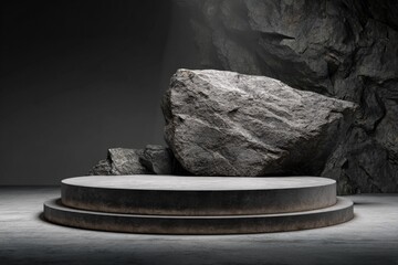 rock stone podium nature pedestal stage product display background 3d illustration empty display showroom presentation product placement