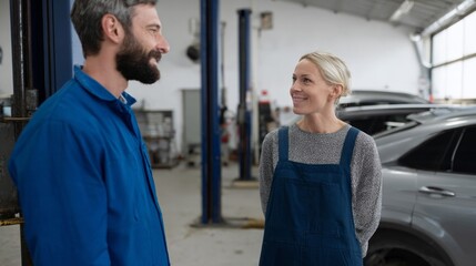 Fototapeta premium A bearded Caucasian male mechanic shares a heartfelt laugh with a cheerful Caucasian female, surrounded by cars and tools, celebrating International Friendship Day and Random Acts of Kindness Day