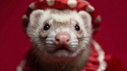 Enigmatic ferret in polka-dot ensemble, embodying whimsical charm, perfect for National Ferret Day celebrations or quirky pet appreciation events