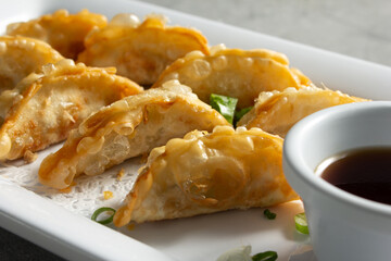 A closeup view of a plate of gyoza.