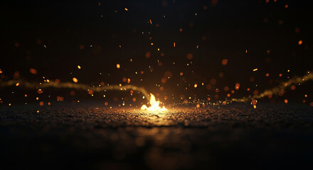 A small fire burns intensely on dark ground, casting sparks and glowing embers into the night sky,...