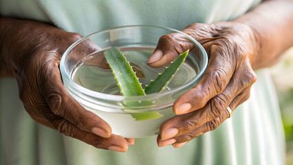 Inclusive Senior Skincare A person holds a bowl of clear liquid with aloe vera leaves, showcasing textured hands.