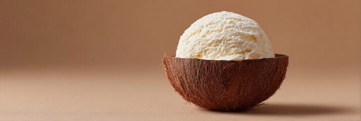 Creamy coconut sorbet nestled in rustic husk, conjuring tropical daydreams, perfect for World Coconut Day, island escape vibes
