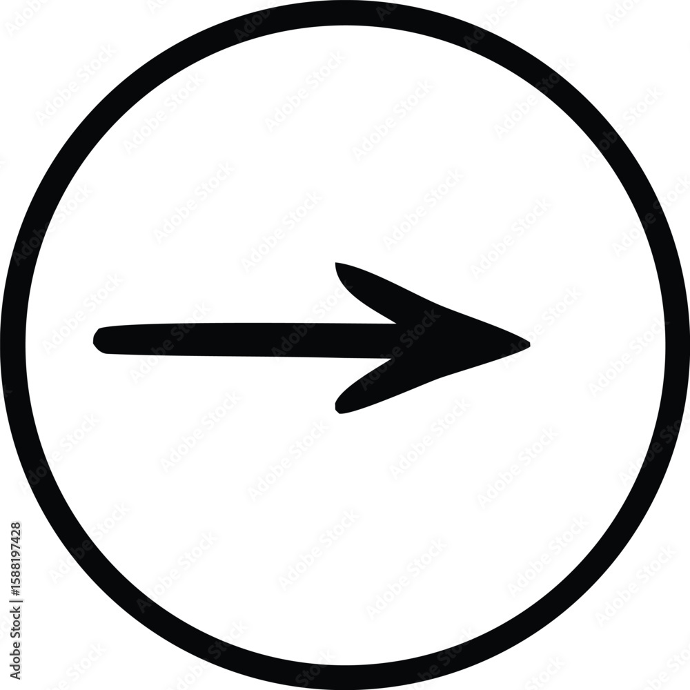 Poster a simple black arrow pointing to the right inside a thick black circle on a white background represe