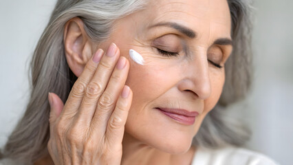 Inclusive Senior Skincare A woman applies skincare cream on her face, showcasing a moment of self-care and relaxation.