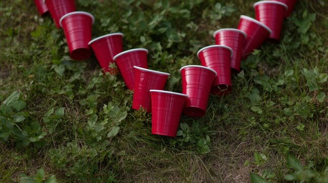Red plastic cups scattered on verdant grass evoke the wild revelry of Holi or midsummer festivals, youthful spontaneity abounds