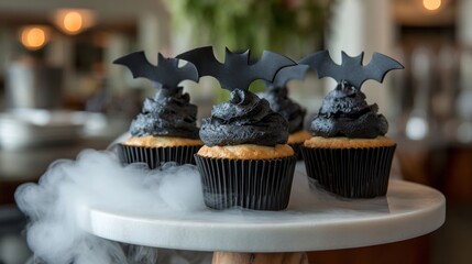 Bat-adorned gothic cupcakes exuding eerie mist, perfect for Samhain revelry or quirky Halloween soirees, evoke whimsical dark delight