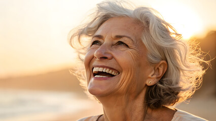 Inclusive Senior Skincare Smiling elderly woman enjoying a sunset at the beach, radiating joy and warmth.