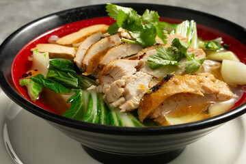A view of a bowl of grilled chicken noodle soup.