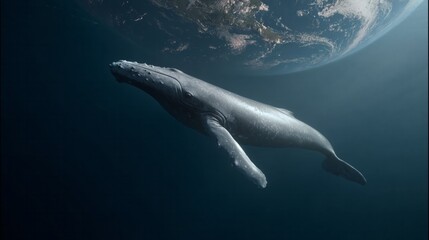 Fototapeta premium A majestic humpback whale serenades the cosmos beneath Earths glow, echoing tranquility on World Oceans Day and Cetacean Awareness Month