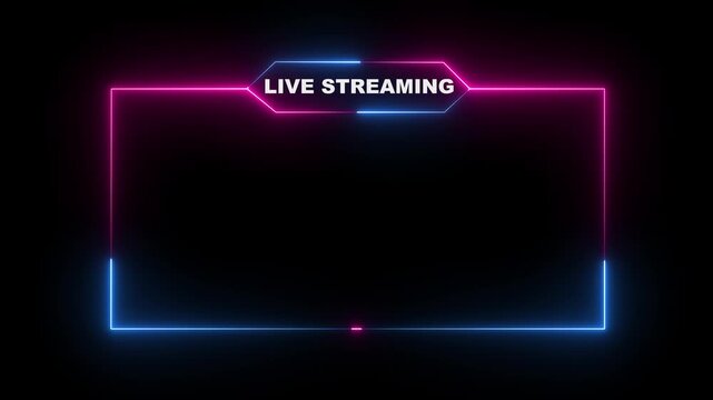live streaming neon frame animation with neon box frame. Animated neon Live streaming Icon. Neon looped light frame for live streaming video a transparent background. Live streaming Frame - Animated.