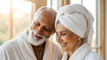 Inclusive Senior Skincare Joyful elderly couple enjoying a moment together in cozy bathrobes at home.
