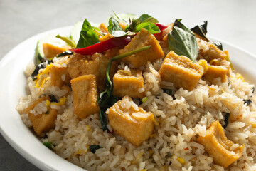A closeup view of a plate of tofu fried rice.