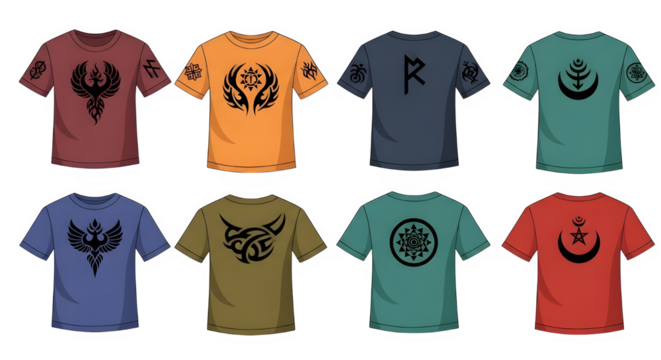 Collection of eight graphic t shirts with unique designs isolated on transparent background