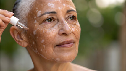 Inclusive Senior Skincare Woman applying serum to her skin, highlighting natural beauty and skincare routine in a serene outdoor setting.
