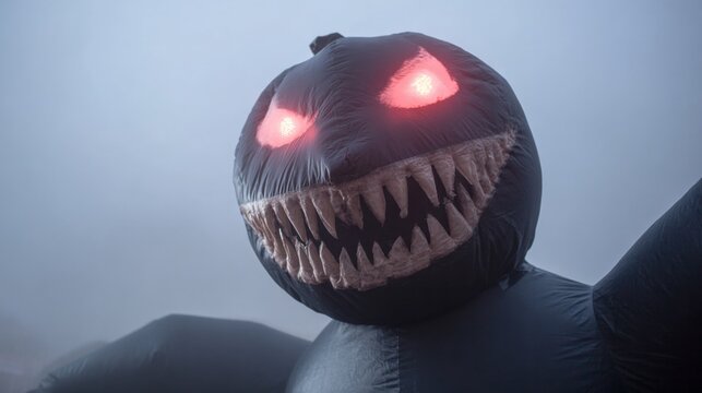 Sinister inflatable creature with glowing eyes, embodying eerie Halloween night mischief, Samhain traditions, cryptic harvest festival vibes