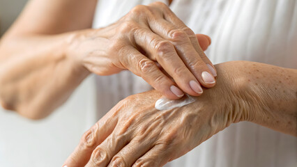 Inclusive Senior Skincare Moisturizing dry skin on an aging hand, highlighting skincare and self-care routines.